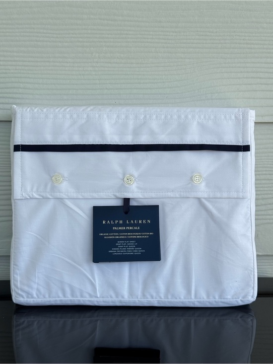 Ralph Lauren Other - Ralph Lauren Palmer Percale Queen Flat Sheet Organic Cotton 464TC Navy Trim NWT